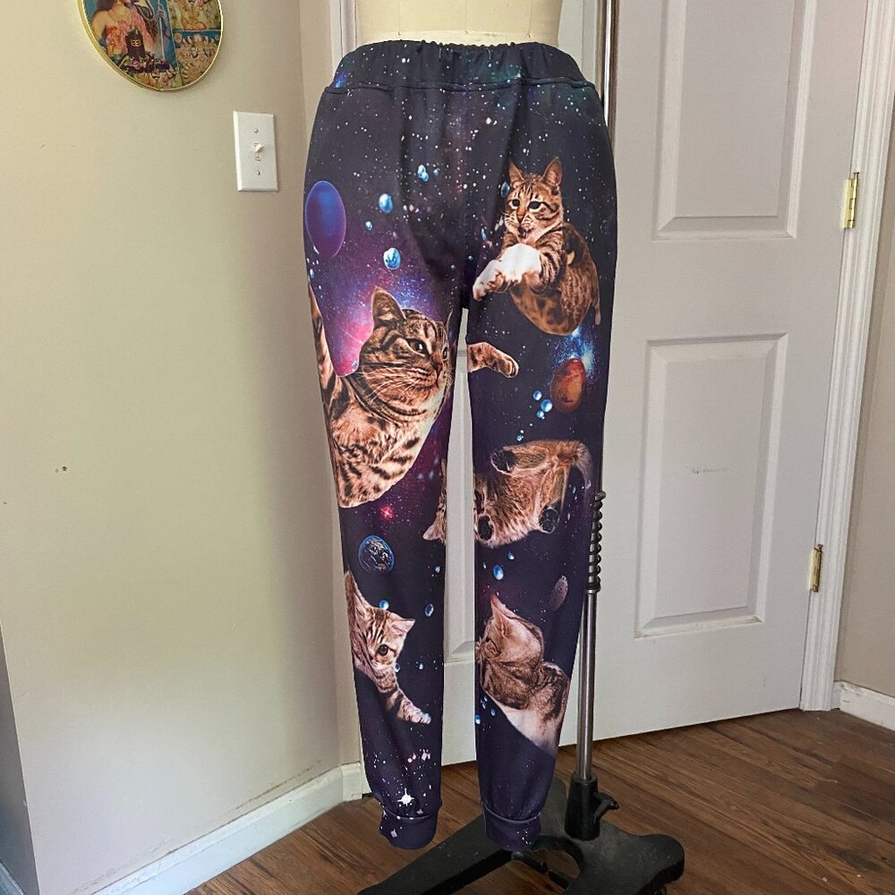 SPACE CATS Orange Cat Printed Slim Fit Jogger Lounge Sweat Pants *SMALL*